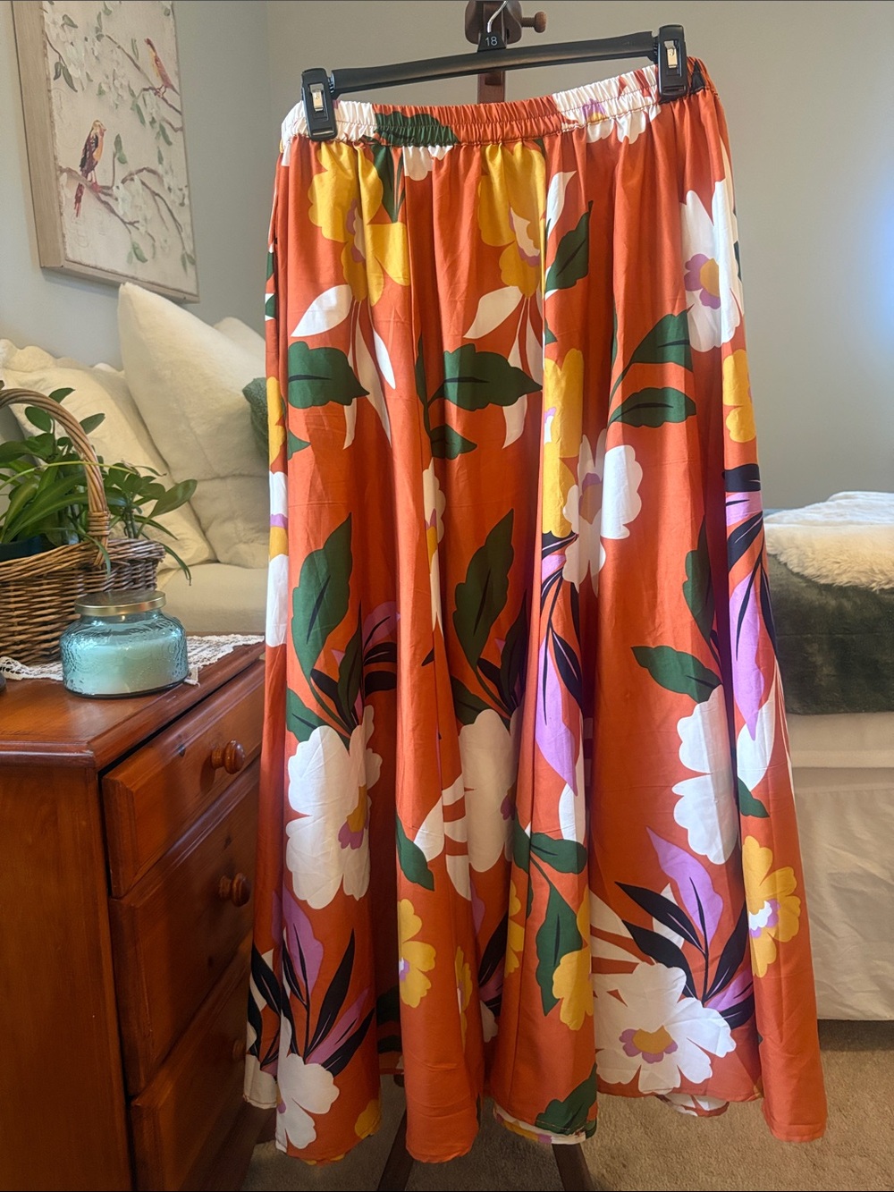 Cato Orange Floral Maxi Skirt with Green Leaves